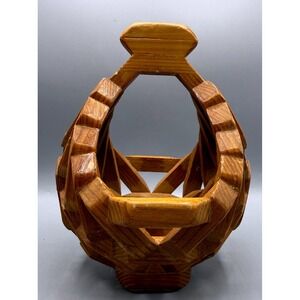 Vintage Folk Art Geometric Interlocking Wood Planter Basket MCM Handle Brown 9in